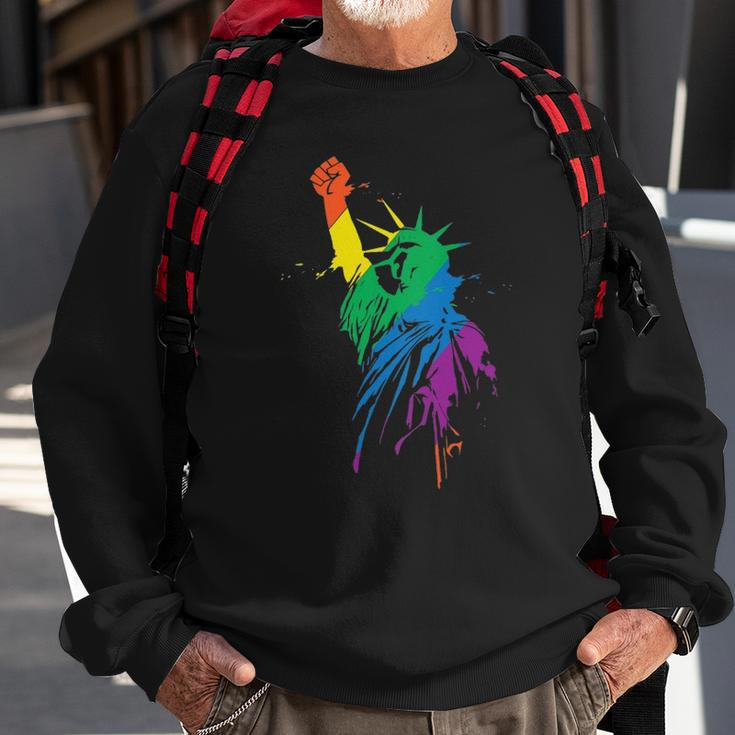Womens Rainbow Statue Of Liberty With Raised Fist Lgbtq Pride Sweatshirt Gifts for Old Men
