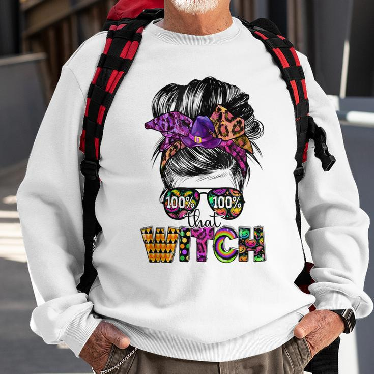 100 That Witch Halloween Costume Messy Bun Skull Witch Girl Sweatshirt Gifts for Old Men