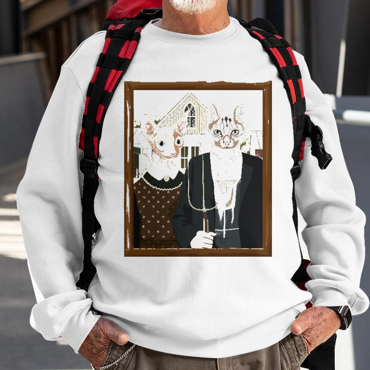 Funny American Gothic Cat Parody Ameowican Gothic Graphic Sweatshirt Gifts for Old Men