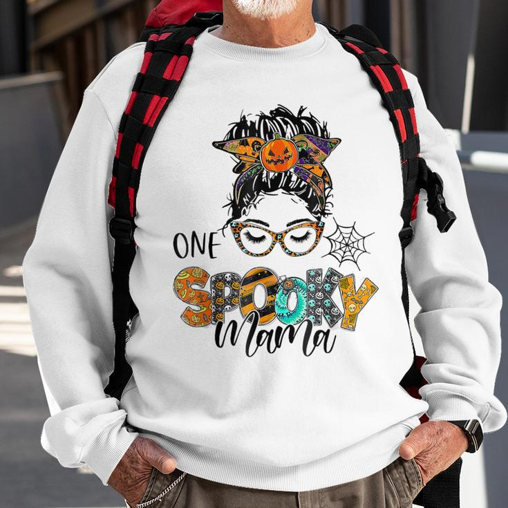 One Spooky Mama For Halloween Messy Bun Mom Monster Bleached Sweatshirt Gifts for Old Men