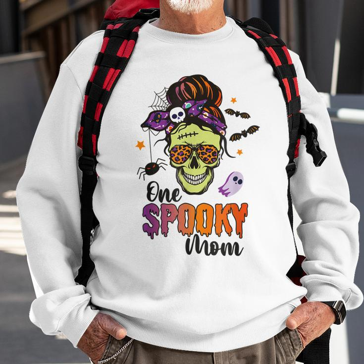 One Spooky Mama Mom Halloween Skull Messy Hair Bun Mother Sweatshirt Gifts for Old Men