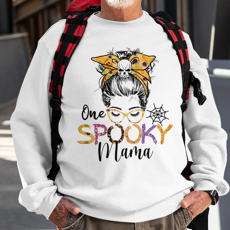 Womens One Spooky Mama Messy Bun Funny Mom Halloween Spider Costume Sweatshirt Gifts for Old Men