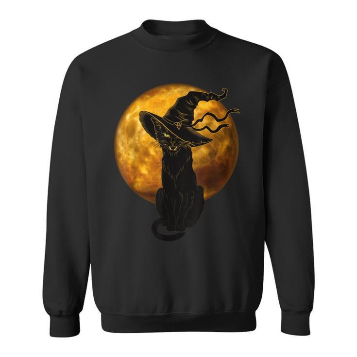 Beautiful Halloween Black Cat With Witch Hat Full Moon - Cat  Sweatshirt