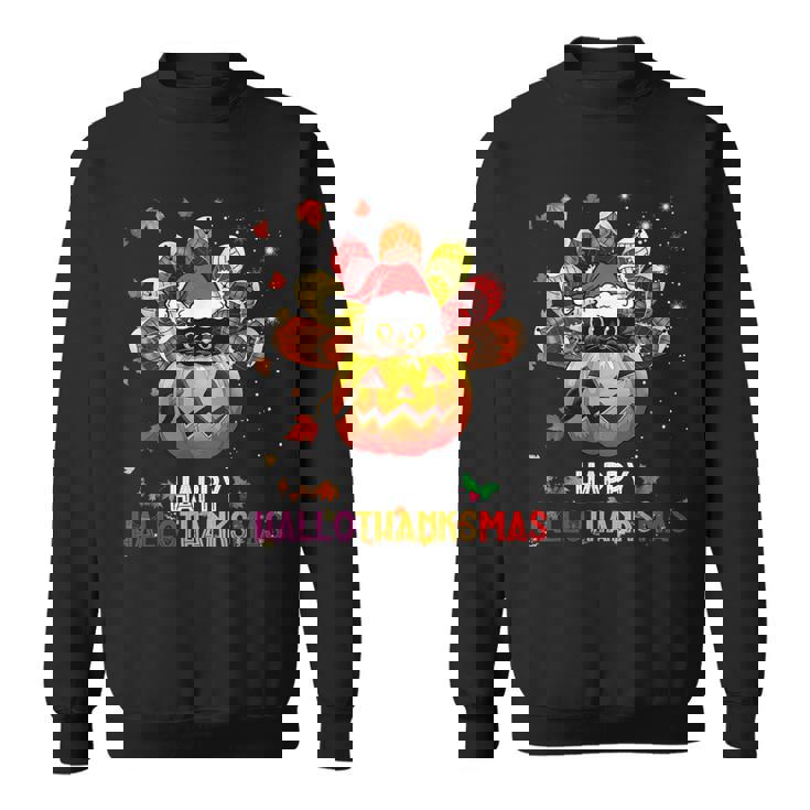 Black Cat Halloween And Merry Christmas Happy Hallothanksmas  Sweatshirt