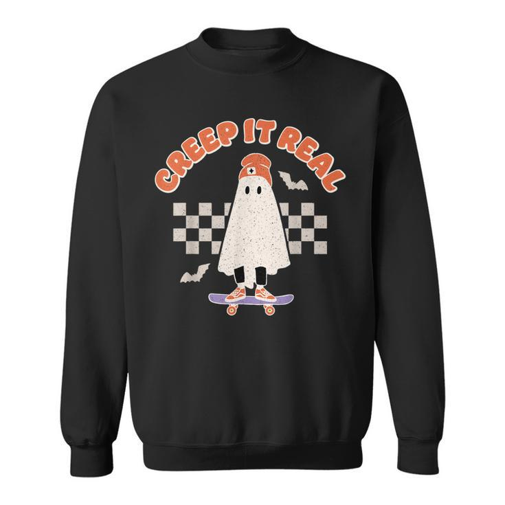 Creep It Real Ghost Skateboard Halloween Bat Checkered Sk8r  Sweatshirt