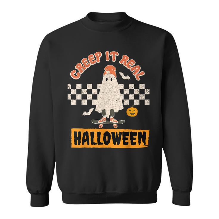Creep It Real Retro Halloween Funny Ghost Skateboarding  Sweatshirt