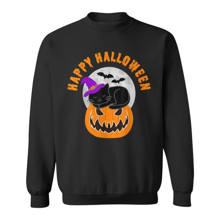Cute Black Cat Witch Scary Pumpkin Happy Halloween  Sweatshirt