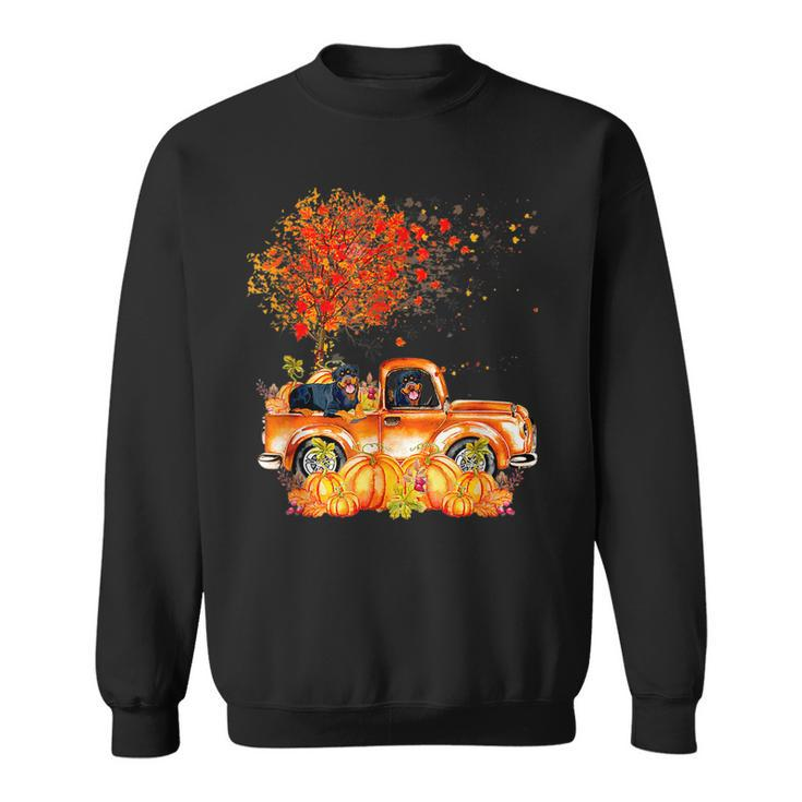 Cute Rottweiler Dog On Pumpkins Truck Autumn Leaf Fall  Men Women Sweatshirt Graphic Print Unisex