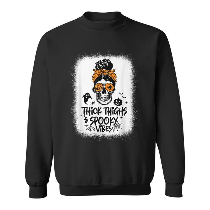 Funny Thick Thighs & Spooky Vibes Skull Messy Bun Halloween  Sweatshirt