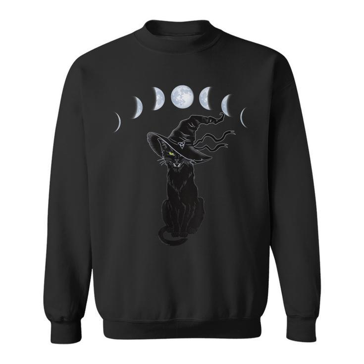 Halloween Black Cat With Witch Hat And Phases Of The Moon  Sweatshirt