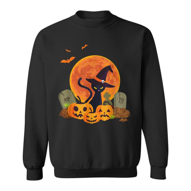 Halloween Cute Witch Cat Mom Pumpkin Graveyard Spooky Cat  Sweatshirt