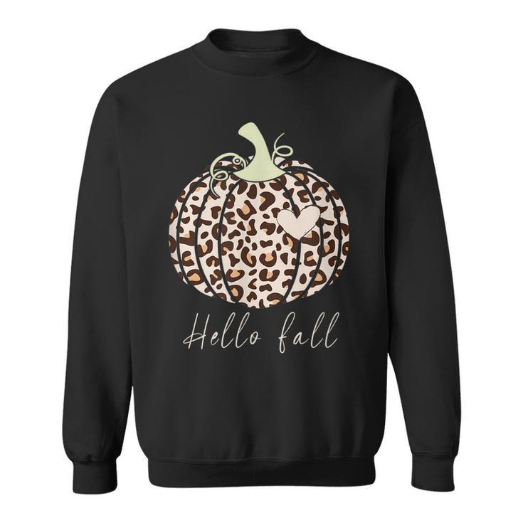 Hello Fall Animal Print Leopard Heart Pumpkin Fall Halloween  Sweatshirt