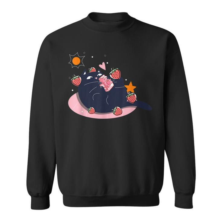 Kawaii Cat Strawberry Milk Japanese Cat Lover Neko Anime  Men Women Sweatshirt Graphic Print Unisex