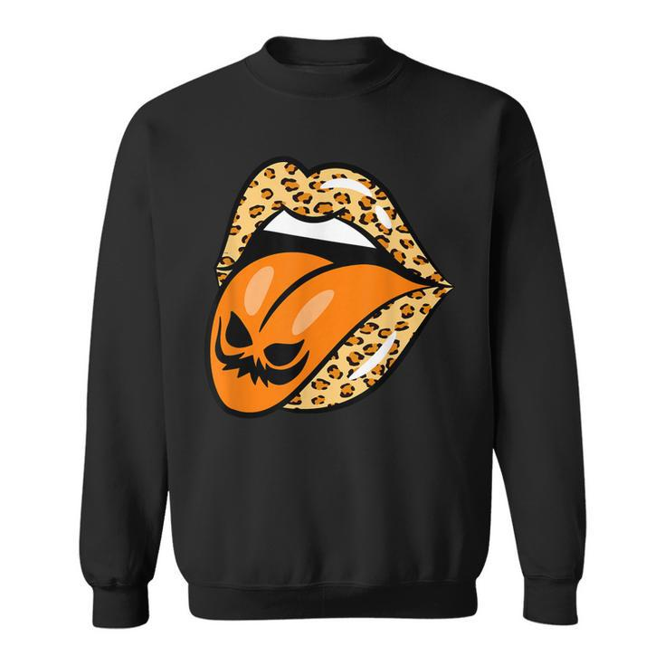 Leopard Lips Mouth Pumpkin Tongue Costume Halloween Women  Sweatshirt
