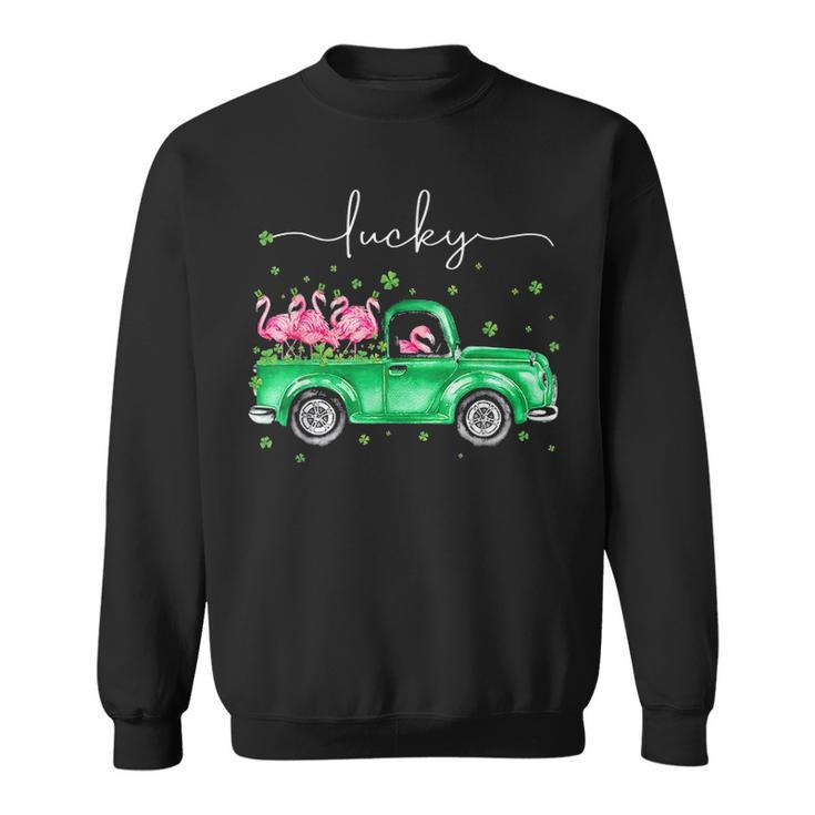 Lucky Flamingo Riding Green Truck Shamrock St Patricks Day Graphic Design Printed Casual Daily Basic Sweatshirt