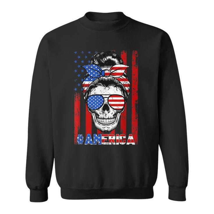 Messy Bun Skull America Flag Glasses 4Th Of July Patriotic  Sweatshirt