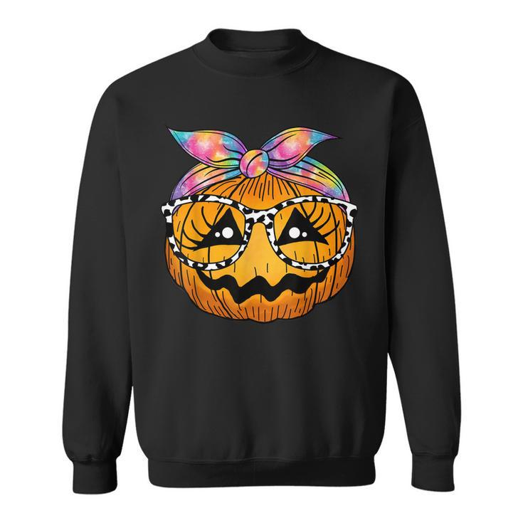 Pumpkin Face Tie Dye Leopard Glasses Halloween Costume Kids  Sweatshirt