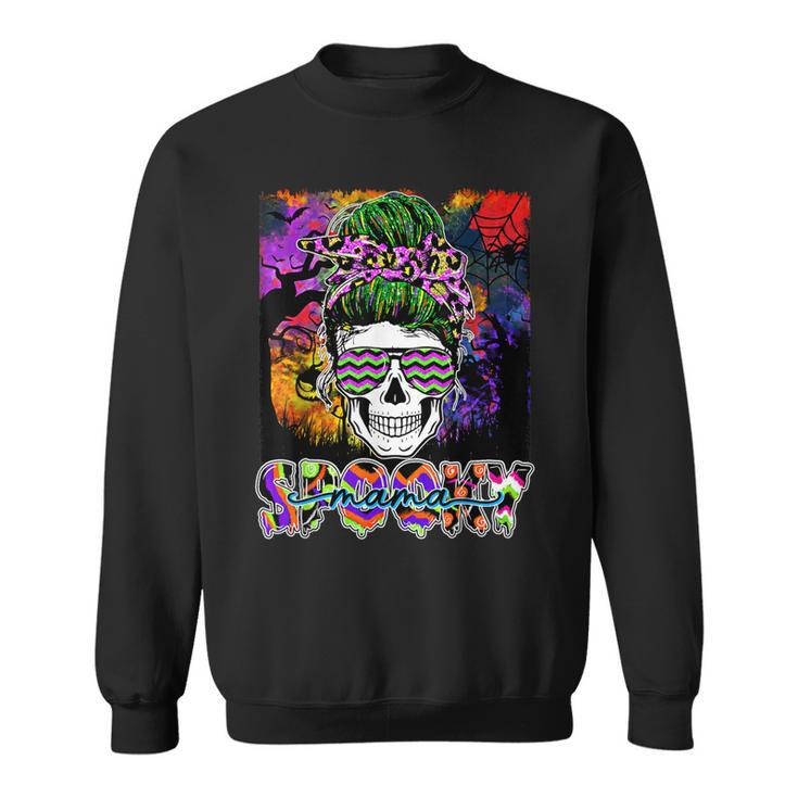 Spooky Mama Halloween Costume Witch Skull Messy Bun Leopard  Sweatshirt
