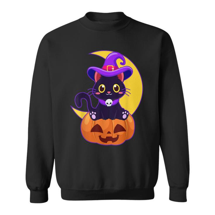 Vintage Scary Halloween Black Cat Costume Witch Hat & Moon  Sweatshirt