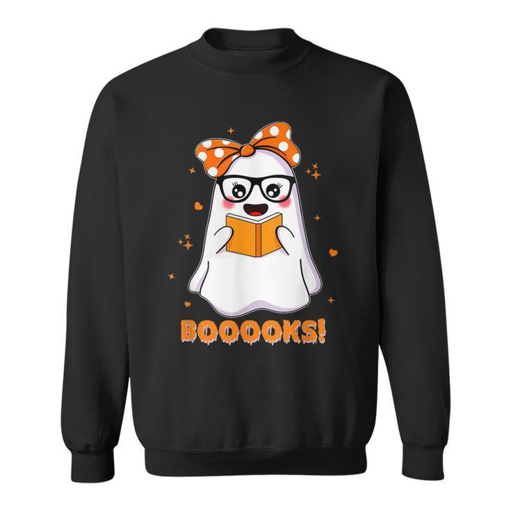 Womens Booooks Cute Ghost Reading Library Books Halloween  Sweatshirt