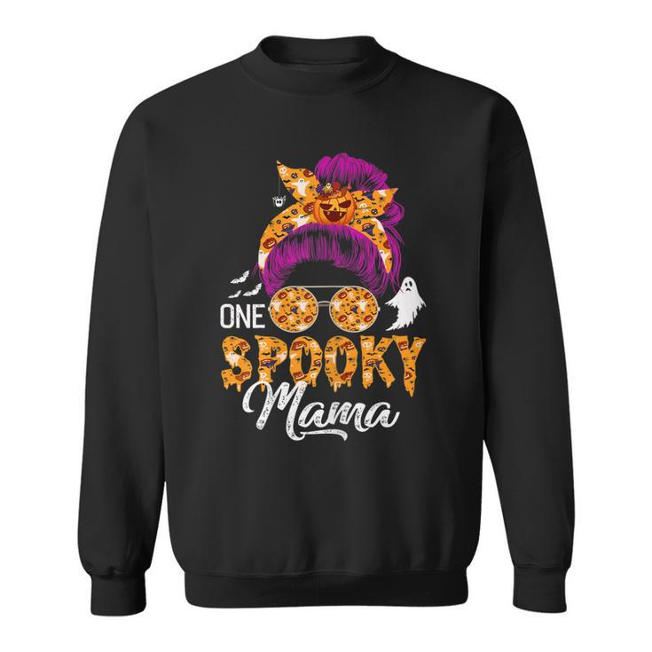 Womens One Spooky Mama  Halloween Messy Bun Hair Ghosts Lover  Sweatshirt