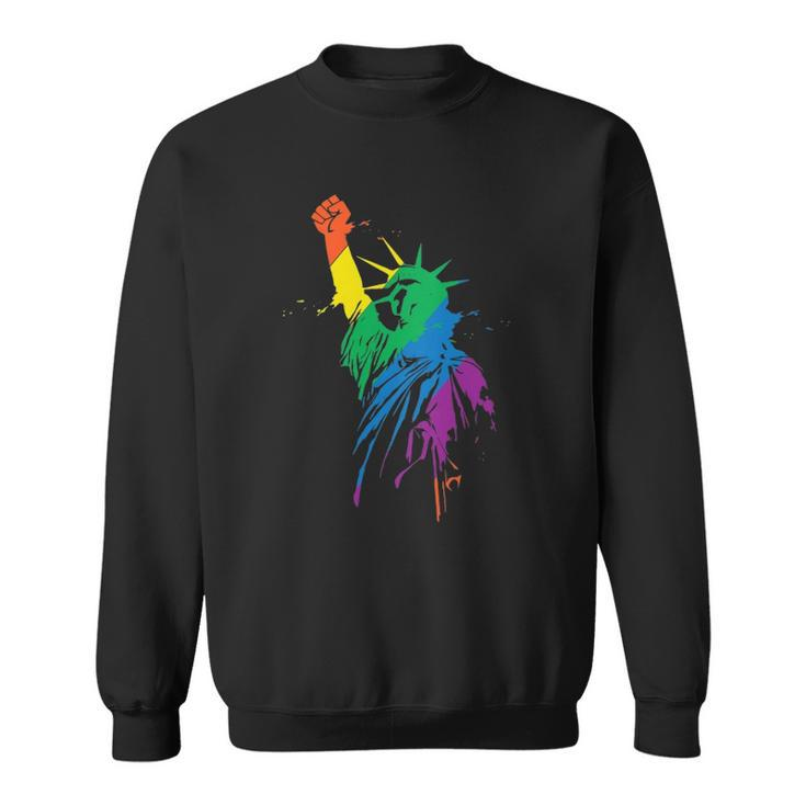 Womens Rainbow Statue Of Liberty With Raised Fist Lgbtq Pride Sweatshirt