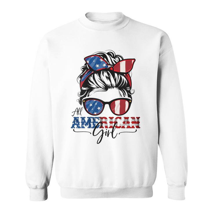 All American Girl 4Th Of July  Women Messy Bun Usa Flag  V2 Sweatshirt