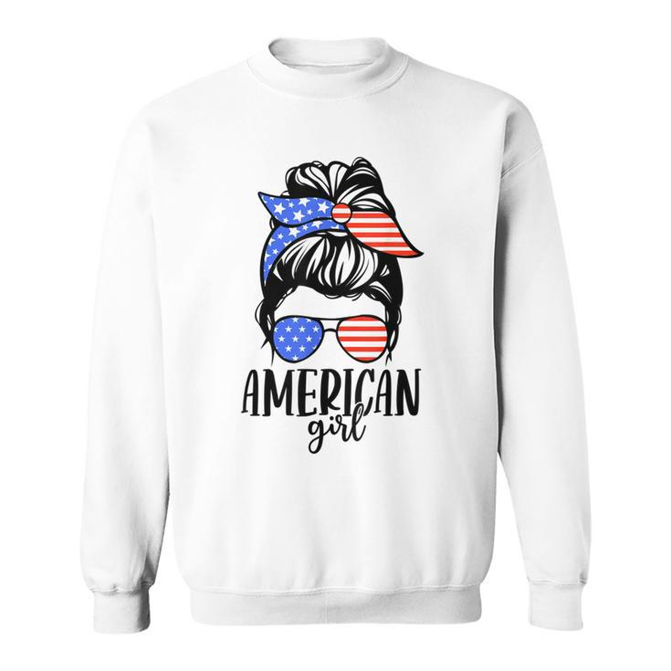 American Girl Messy Hair Bun Usa Flag Patriotic 4Th Of July  Sweatshirt