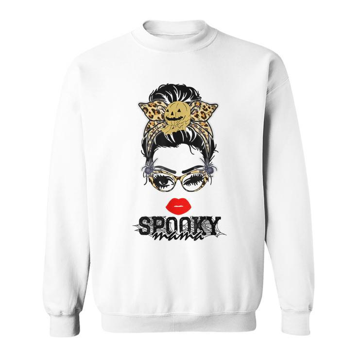 Halloween Leopard Print Messy Bun Spooky Mama  Sweatshirt