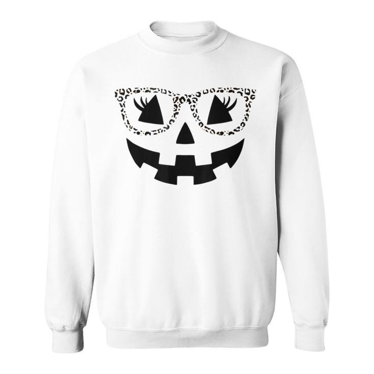 Jack O Lantern Face Pumpkin Halloween Leopard Print Glasses  Sweatshirt