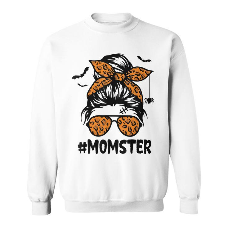 Momster  For Women Halloween Mom Messy Bun Leopard  Sweatshirt