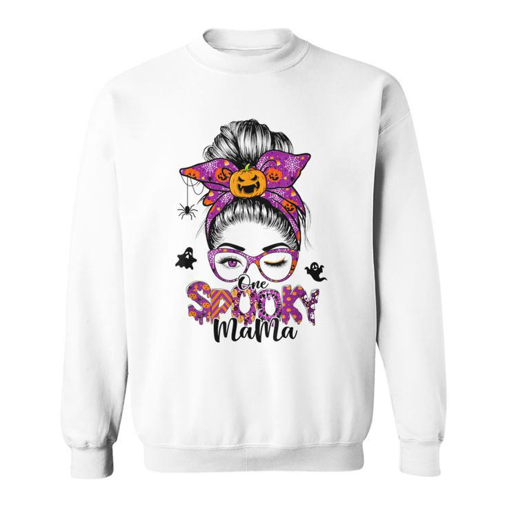 One Spooky Mama For Halloween Messy Bun Mom Monster Bleached  V6 Sweatshirt