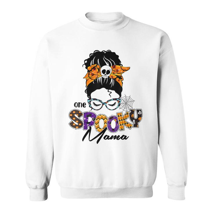 One Spooky Mama Pumpkin Messy Bun Sunglasses Halloween Women  Sweatshirt