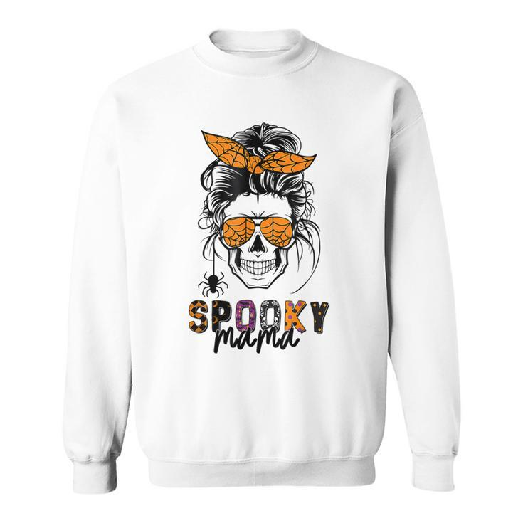 Spooky Mama Skull Halloween Womens Messy Bun Witch  Sweatshirt