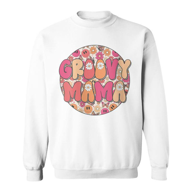 Womens Groovy Mama Hippie Retro Daisy Flower Smile Face  Sweatshirt