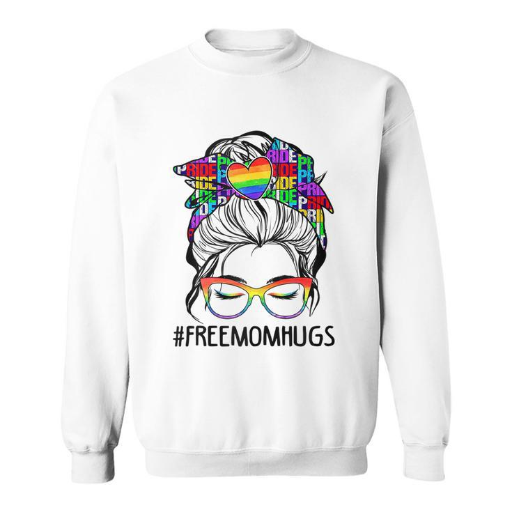 Womens Free Mom Hugs Messy Bun Lgbt Pride Sweatshirt