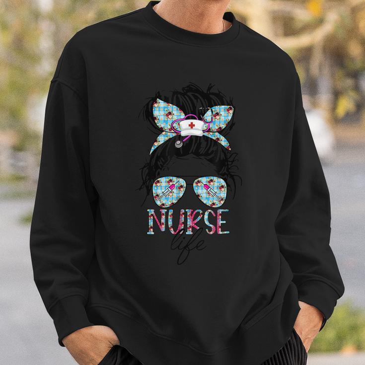 Nurse Life Leopard Messy Bun Hair Healthcare Flower Glasses  Sweatshirt