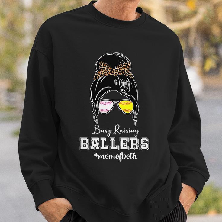 Busy Raising Ballers Mom Of Both Baseball Softball Messy Bun Sticker Features De Sweatshirt Gifts for Him