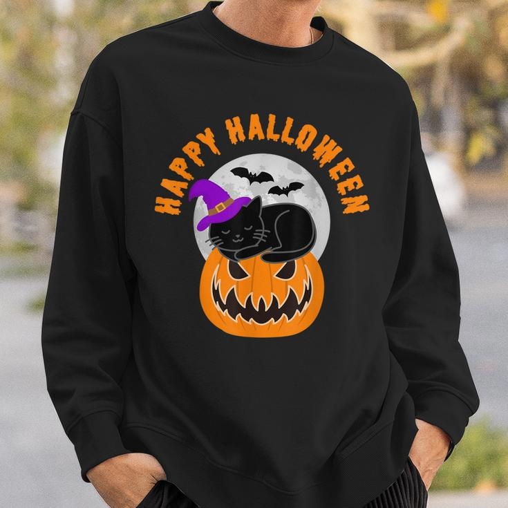 Cute Black Cat Witch Scary Pumpkin Happy Halloween Sweatshirt Gifts for Him