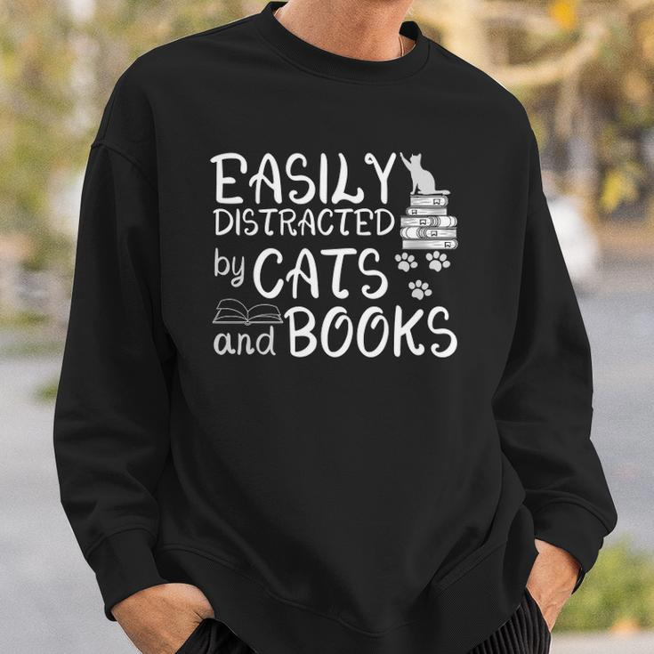 Easily Distracted By Cats And Books Funny Book Lover Sweatshirt Gifts for Him