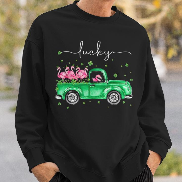 Lucky Flamingo Riding Green Truck Shamrock St Patricks Day Graphic Design Printed Casual Daily Basic Sweatshirt Gifts for Him