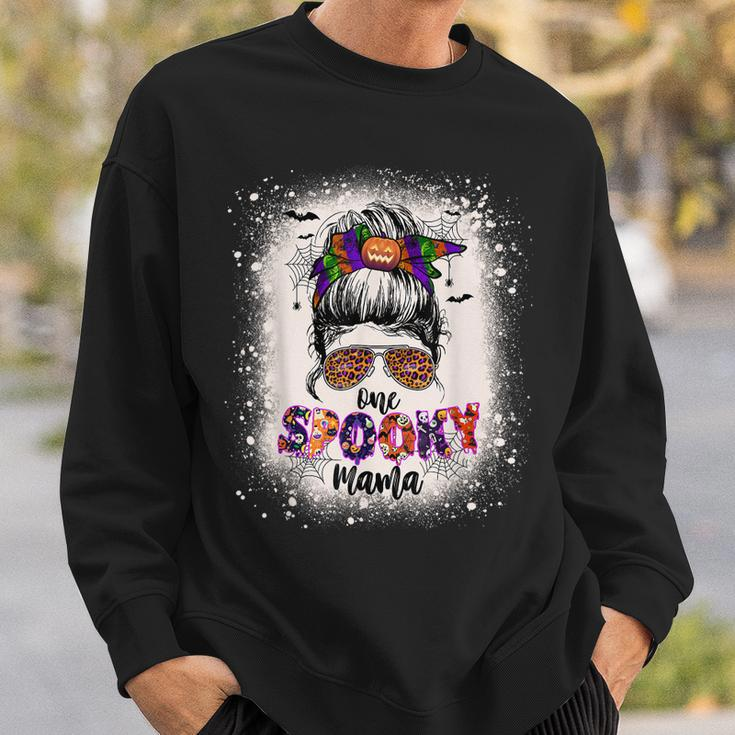 One Spooky Mama Mommy Halloween Mom Life Messy Bun Bleached Sweatshirt Gifts for Him