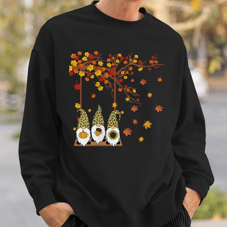 Womens Halloween Three Gnomes Hat Leopard Pumpkin Fall Leaves Sweatshirt Gifts for Him