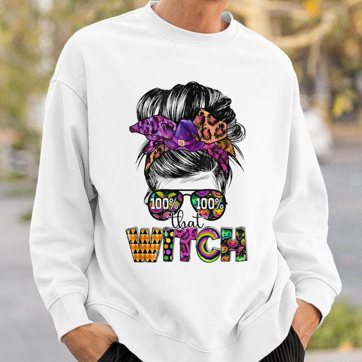 100 That Witch Halloween Costume Messy Bun Skull Witch Girl Sweatshirt Gifts for Him