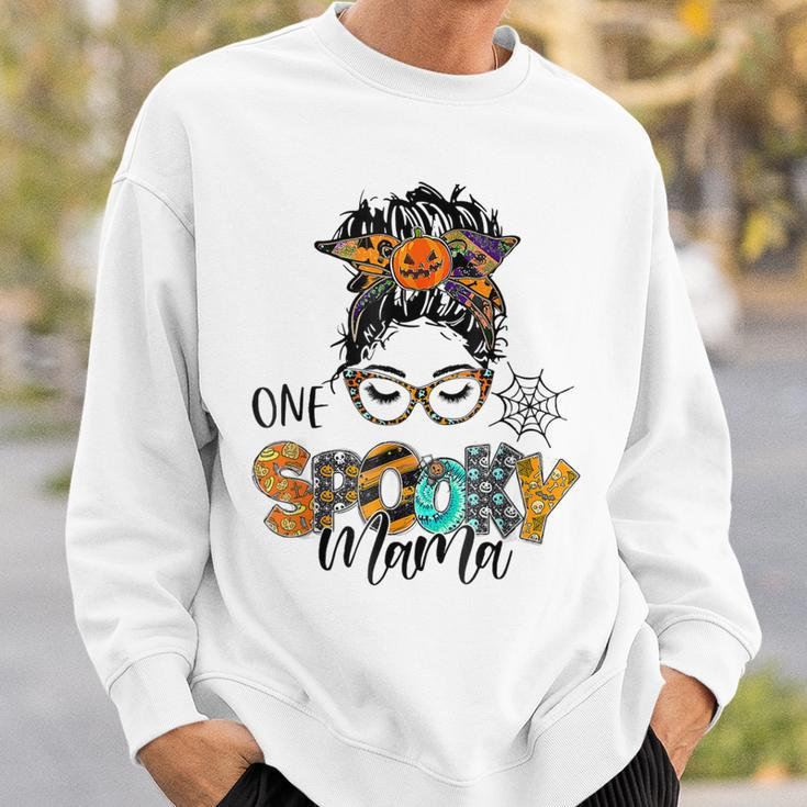One Spooky Mama For Halloween Messy Bun Mom Monster Bleached Sweatshirt Gifts for Him