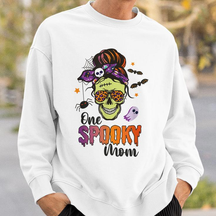 One Spooky Mama Mom Halloween Skull Messy Hair Bun Mother Sweatshirt Gifts for Him