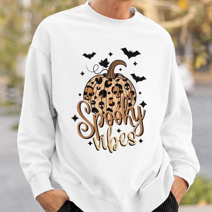 Spooky Vibes Skull Leopard Pumpkin Vintage Boho Halloween Sweatshirt Gifts for Him