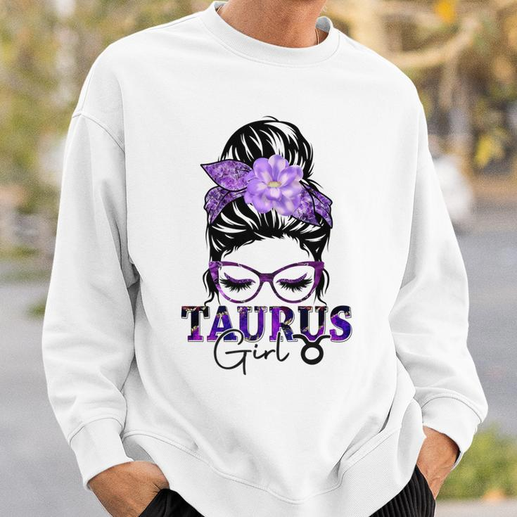 Taurus Girl Birthday Messy Bun Hair Purple Floral Sweatshirt Gifts for Him