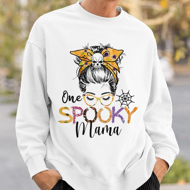 Womens One Spooky Mama Messy Bun Funny Mom Halloween Spider Costume Sweatshirt Gifts for Him