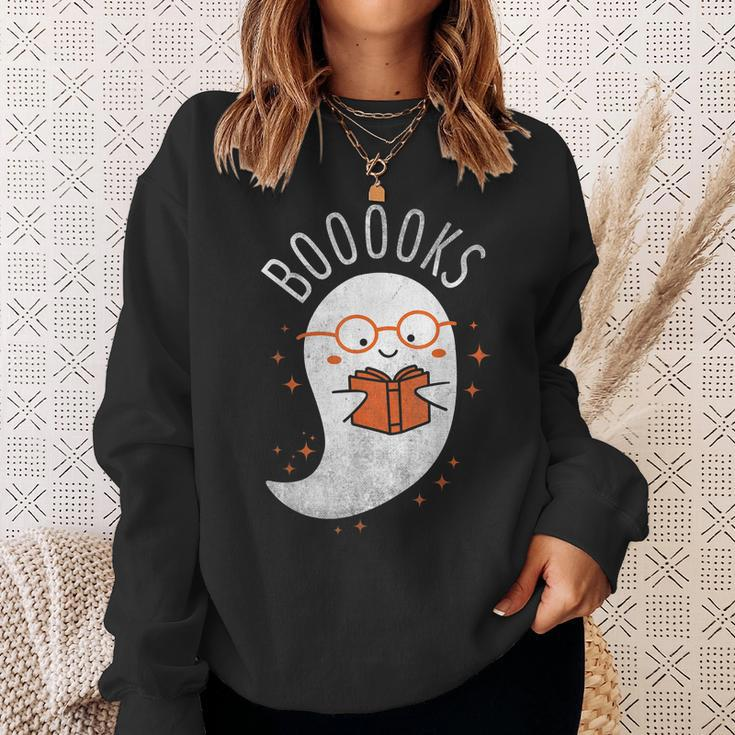 Booooks Ghost Funny Halloween Teacher Book Library Reading V3 Men Women Sweatshirt Graphic Print Unisex Gifts for Her